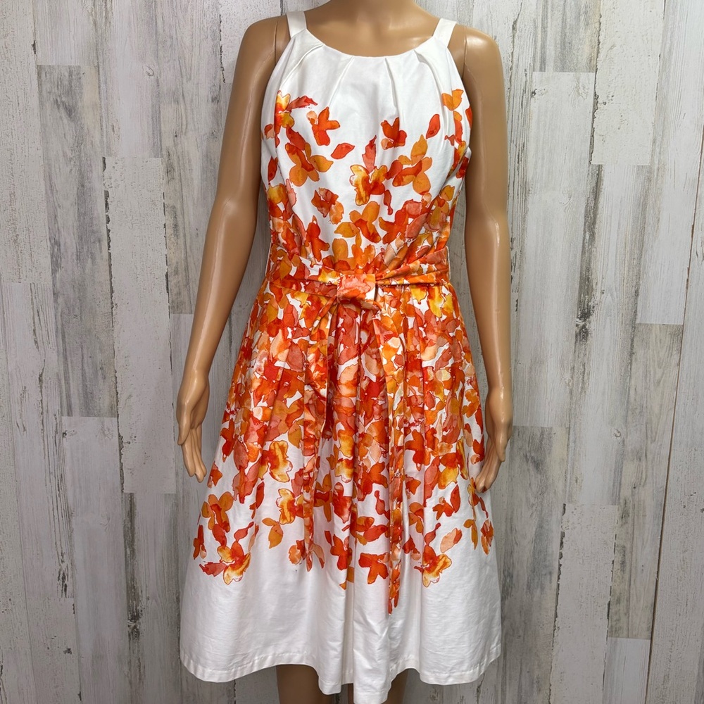 Leslie Fay White and Orange Floral Midi‎ Dress
